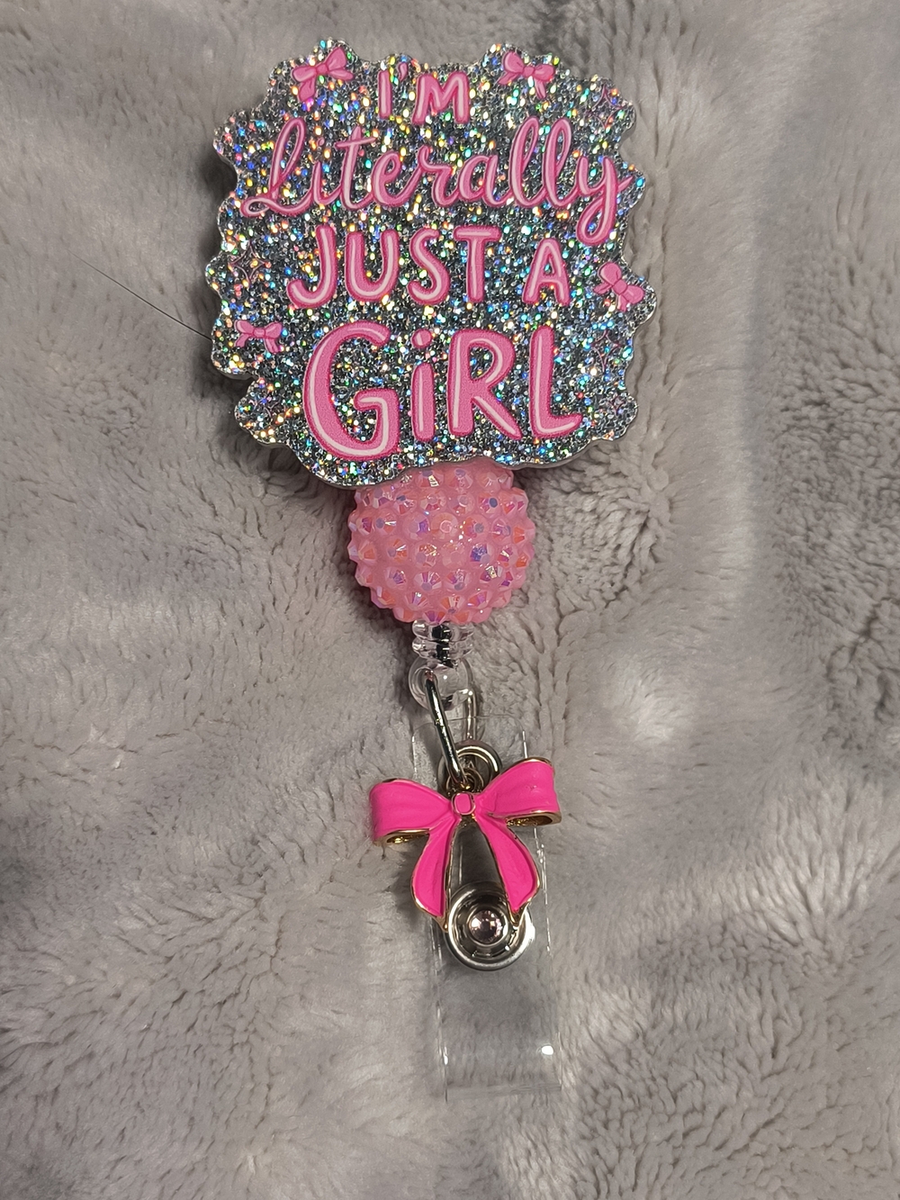 Pink "I'm Literally Just A Girl" Glitter Beaded Badge Reel